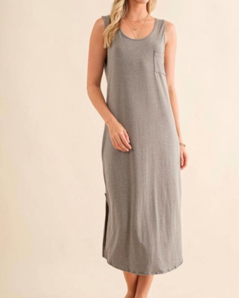 Front of a model wearing a size Large Knit Maxi Dress in Heather Grey in Heather Grey by Cozy Co.. | dia_product_style_image_id:326001